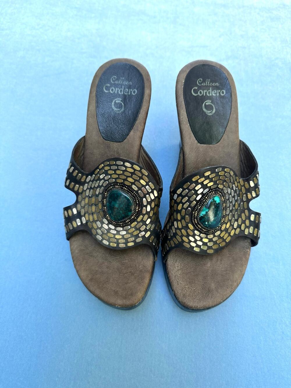 Calleen Cordero Studded Wood Wedge Sandals Turquoise Leather Slide Platform 8.5